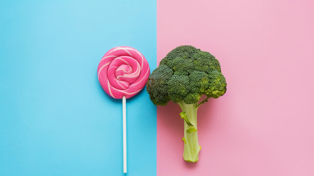 Broccoli and lollipop on a blue-pink split background. Healthy versus junk food. Diet concept. Generative AI