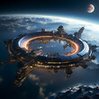 A futuristic space station orbiting a distant planet