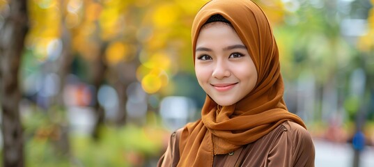 Portrait of a beautiful hijab wearing woman with defocused background, ideal for text placement