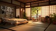  a traditional Japanese ryokan guest room with tatami mat flooring, shoji screens, and low wooden furniture
