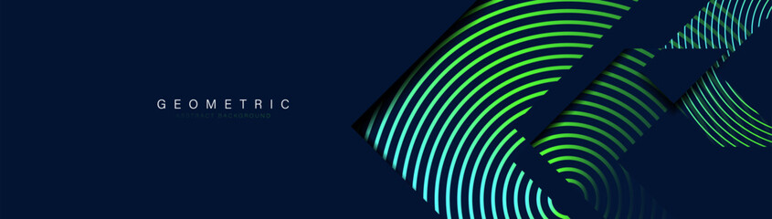 Poster - Abstract design with green glowing circle geometric lines with arrows background. Modern minimal trendy lines pattern. Vector illustration