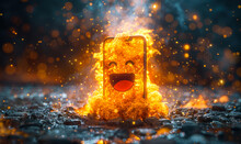 Dynamic 3D smartphone emitting a burst of golden emoji faces with heart eyes, depicting online engagement, social media interaction, and digital communication
