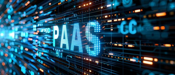 Digital blue matrix binary code forms the acronym PaaS , symbolizing the concept of Platform as a Service.
