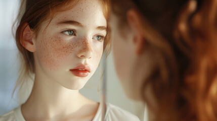 young redhead girl with freckles looks in the mirror, reflection, sensitive