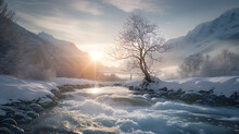 tree peacefully floating in a fast mountain river, illuminated by the warm winter sun, snowy landscape