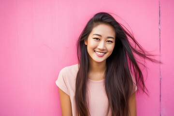 Wall Mural - Portrait of happy young asian woman in front of the pink wall