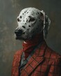 Fashion Photoshoot of Dalmation Dog, Photorealistic Portrait of Dog in Red Jacket, spotty, sophisticated, seated portrait, serious expression, close up, head and shoulders