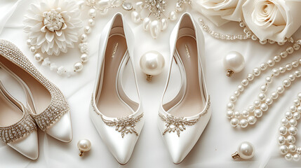 Wall Mural - Wedding shoes and accessories on white background. generative ai 