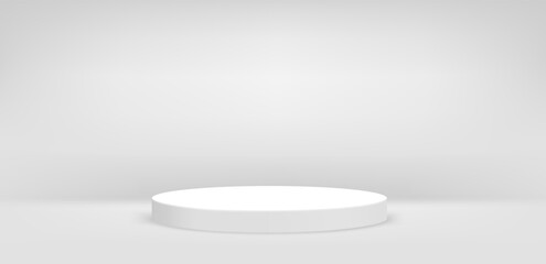 Wall Mural - Empty white room with circle podium. 3d vector product mockup