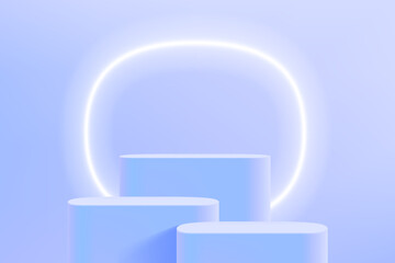 Aufkleber - Blue studio with podium and neon light. 3d vector illustration with copy space