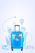 Color plastic travel bag with famous world sights. 3d vector illustration with copy space
