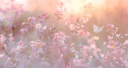  a butterfly fluttering over a field of wildflowers, captured at dawn with soft, pastel hues, 