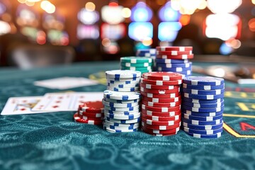 poker table with casino chips and cards for playing poker 