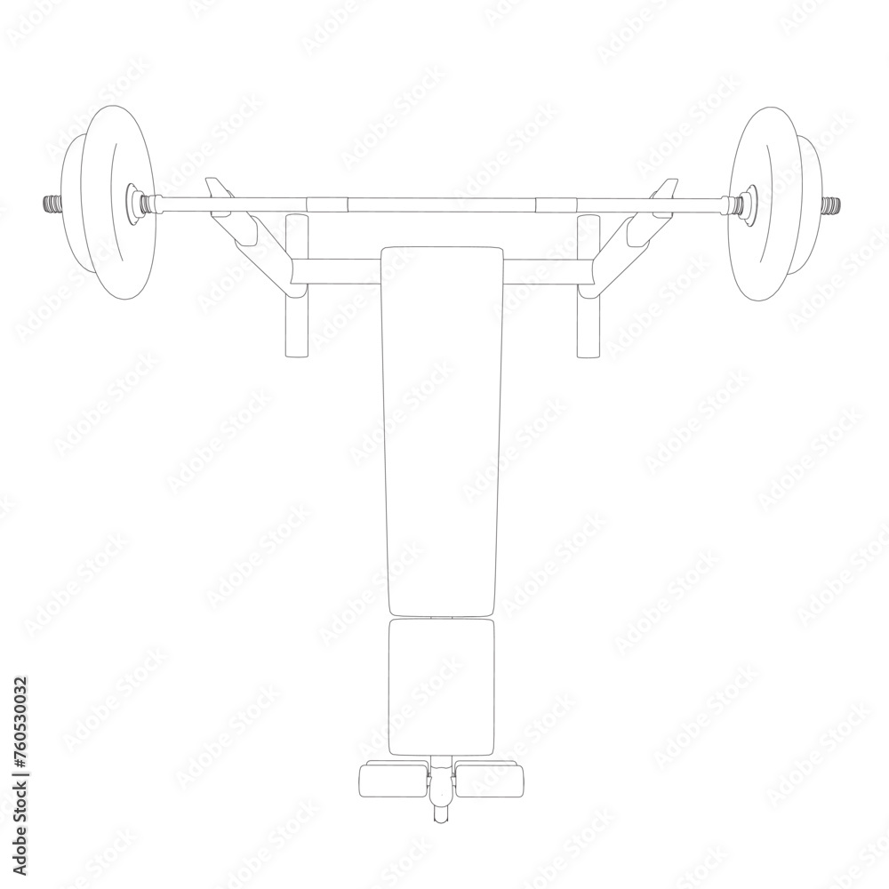 Outline of Gym bench and barbell on white stand isolated on white ...