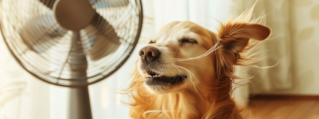 Pure joy and delight of a dog with flying ears basking in the refreshing breeze from a fan, its fur ruffling,