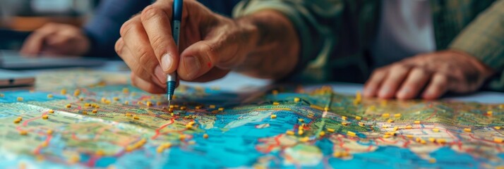 Hand pointing on world map for trip planning - An image displaying a traveler's hand pointing at a destination on a colorful world map for trip planning purposes