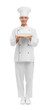 © New Africa - Happy chef in uniform holding empty wooden board on white background