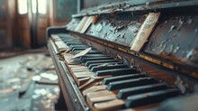 An Old Piano With Broken Keys, The Music Sheets On It Have Been Torn Off And Thrown Away, In An Abandoned Living Room With Natural Light
