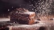 An appetizing image of a rich chocolate cake with sprinkles capturing the moment of sugar dust falling