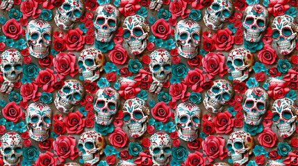 Wall Mural - Sugar Skulls and Roses seamless pattern