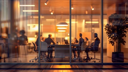 A cozy office space is illuminated by warm light as a team engages in a discussion, encapsulating teamwork and professionalism