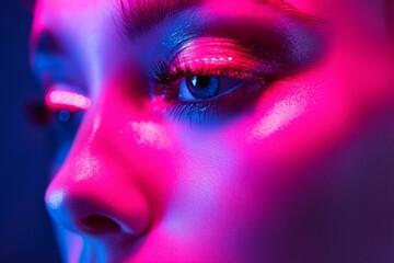 Poster - Vivid red and blue hues illuminate a woman's face, emphasizing her expressive eyes and bold makeup