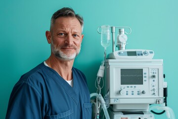 anesthesiologist in blue scrubs standing by an anesthesia machine in a hospital