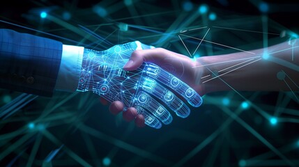 Wall Mural - A futuristic handshake where human and AI hands unite, symbolizing the collaborative synergy in shaping the future of HR and workforce dynamics