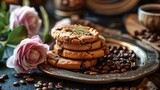 A closeup view of a tray on a table, showcasing biscotti cookies, coffee beans, and eustoma flowers arranged neatly. The warm colors and textures of the cookies and beans complement each other