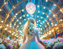 Uma Mulher De Costas, De Cabelos Compridos E Brancos, Segurando Um Balão Iluminado, Com Flores Brancas Ao Redor, E Muitas Luzes Em Bokeh.