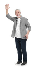 Wall Mural - Senior man waving hand on white background