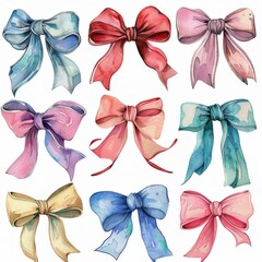 Wall Mural - A clipart illustration showing various watercolor bows on a white background.