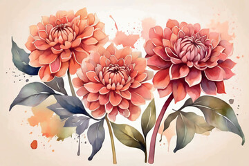 Wall Mural - set of rosegold watercolor floral Watercolor flower illustration, pink peony on a white background. Set Peonies flowers