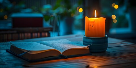 A candle is lit on a table next to an open book. The candle is yellow and the book is open to a page