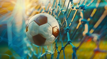 GOAL! Soccer ball inside a goal touching the net for a goal. Wallpaper, banner, blurred background. Soccer and sport concept
