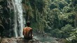 A man looking at waterfall on jungle, forest in the background.
