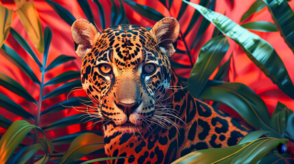 Wall Mural - A leopard is sitting in a jungle with green leaves and red background