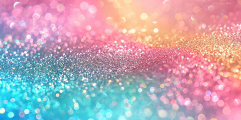 Colorful pastel glitter background with bokeh, pink blue and light green gradient, sparkles, Rainbow glitter, defocused light, stars, birthday, and particles.rainbow mermaid unicorn banner