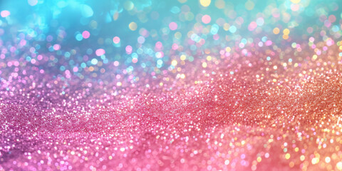 Wall Mural - Colorful pastel glitter background with bokeh, pink blue and light green gradient, sparkles, Rainbow glitter, defocused light, stars, birthday, and particles.rainbow mermaid unicorn banner