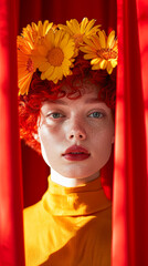 Wall Mural - A woman with red hair and a yellow shirt is wearing a flower headband. The image has a bright and cheerful mood, with the red and yellow colors creating a sense of warmth and energy