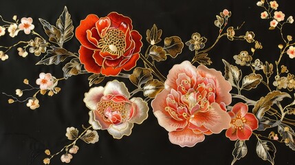 Japanese style goldwork flowers on black background