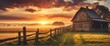 A beautiful sunrise on country side farm with wooden fence and barn house from Generative AI