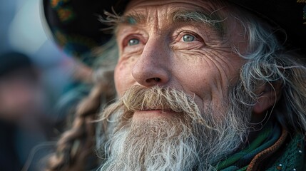 Close-up of a joyful elderly man with a beard dressed in Saint Patrick's Day attire, expressing happiness and festivity.