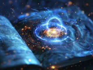 an open book radiates a mesmerizing cosmic energy swirl, symbolizing the power and magic of knowledg