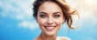 Bright Sky Blue background Portrait of smiling beautiful woman smooth clean face glowing skin youth skin care ad concept from Generative AI
