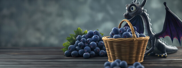 Funny cartoon cute blueberry dragon with a basket of blueberries