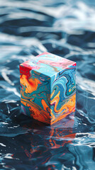 Poster - A cube is floating in a body of water with a blue and orange swirl pattern. The cube is surrounded by a blue and white background