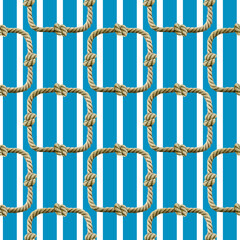 Wall Mural - Seamless pattern of watercolor Rope with knot square frame. Ropes, rounded borders, decorative of marine cable illustration. Nautical twisted knot logo on stripe cerulean background. Loop twisted