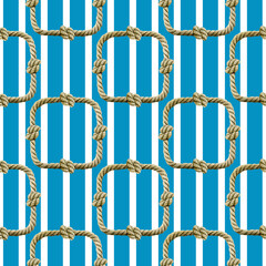 Seamless pattern of watercolor Rope with knot square frame. Ropes, rounded borders, decorative of marine cable illustration. Nautical twisted knot logo on stripe cerulean background. Loop twisted