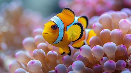 Wall Mural - Clown fish (Amphiprion ocellaris) living in its habitat in a Sea anemone